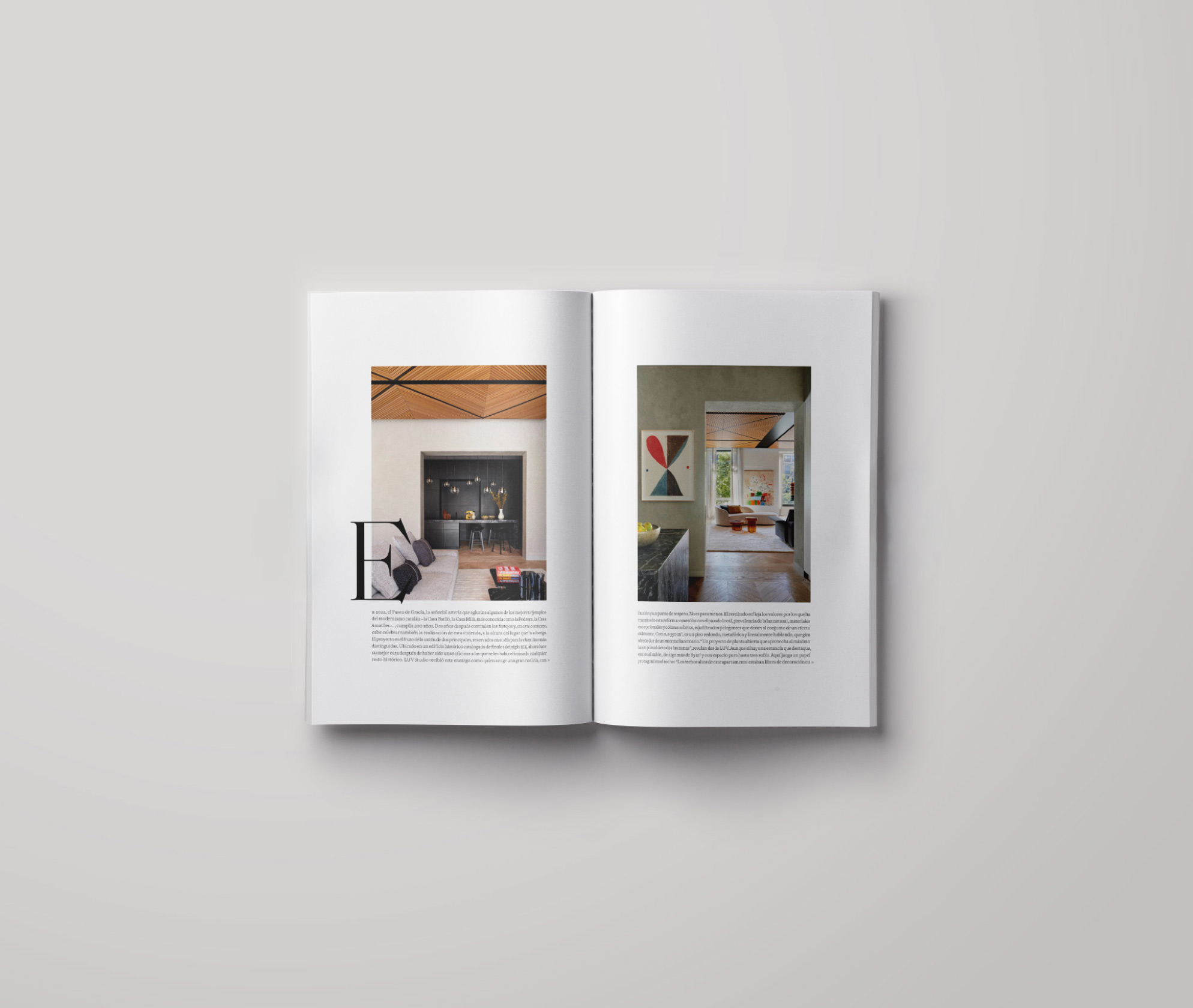 Editorial spread showcasing interiors designed by LUV Studio, combining contemporary furniture, warm materials and architectural detailing.